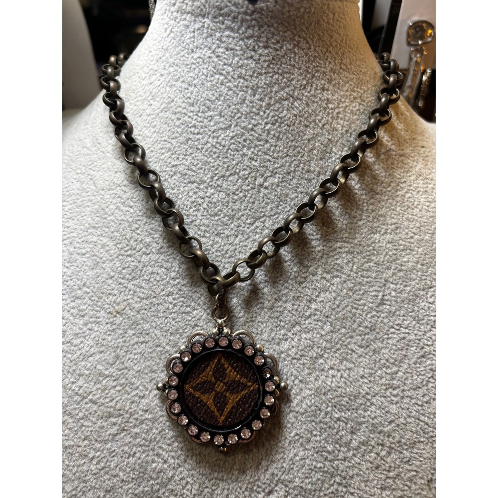 #8. Vintage Designer Canvas Pendant Necklace   Rhinestone Border